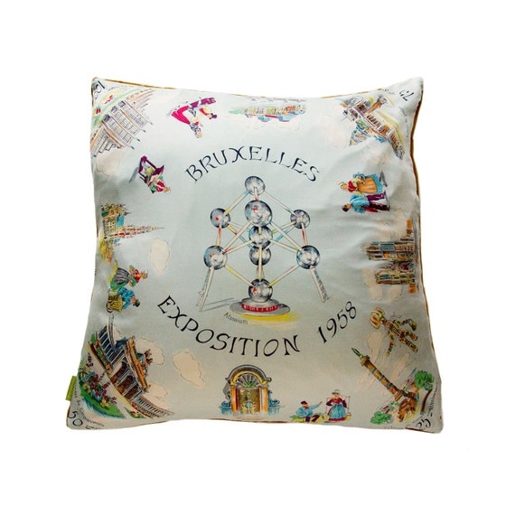 1958 Bruxelles Expo Silk Scarf Cushion Cover Upcycled Remade Vintage Pillow Pale Blue Atomium