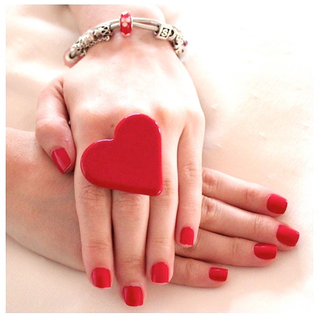 Valentine Red Heart Ring Ceramic - big bold handmade cocktail ring - I HEART U - 1.75 inch