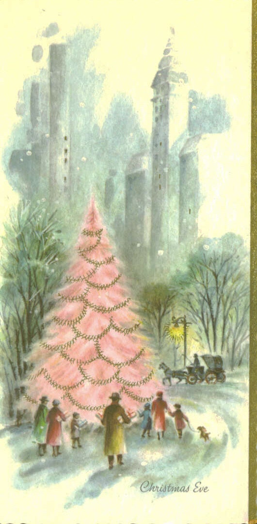 Vintage Christmas Card, UNUSED, Christmas Eve, Pink Tree
