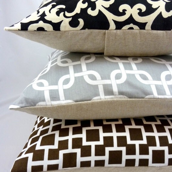 Designer Pillow Cover in Baja Lattice Driftwood - 18x18 or 20x20 (White Geometric Pattern on Chocolate Brown)