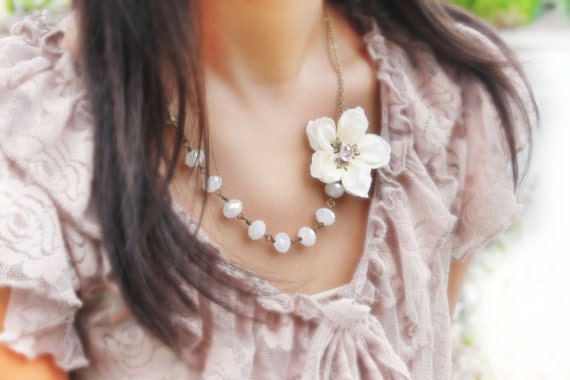 ivory cherry blossom flower necklace, asymmetrical necklace, cherry blossom necklace - free simple drop earrings