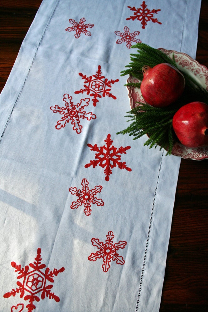 Hemstitched Linen Table Runner. Red Snowflake. Christmas Gift Idea. Holiday Table.