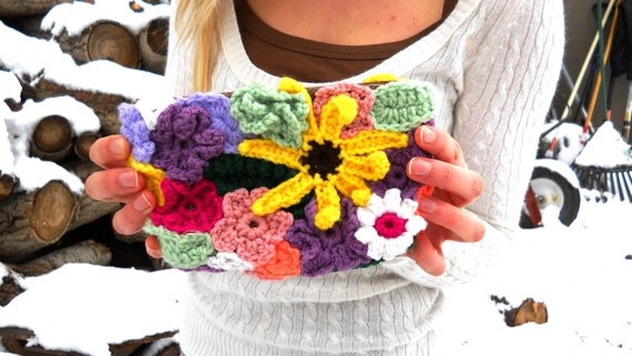 Upcycled Clutch Purse- Burried In Flowers -Handmade Crochet
