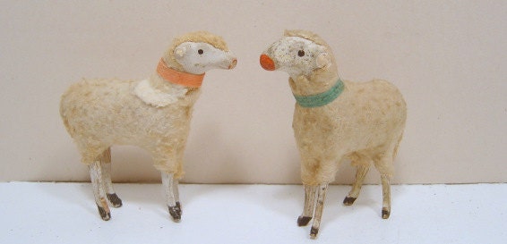 Vintage Christmas Wooly Sheep Putz Stick Legs x 3