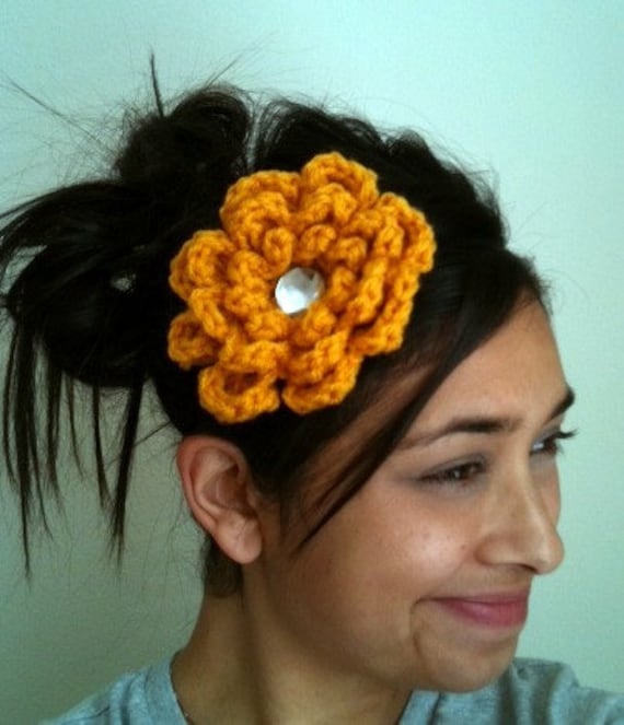 Mustard yellow crocheted flower elastic headband