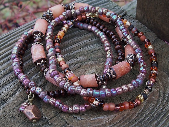 Mixed Winter Harvest, Buri Nut and Copper Beaded Stretch Bracelets