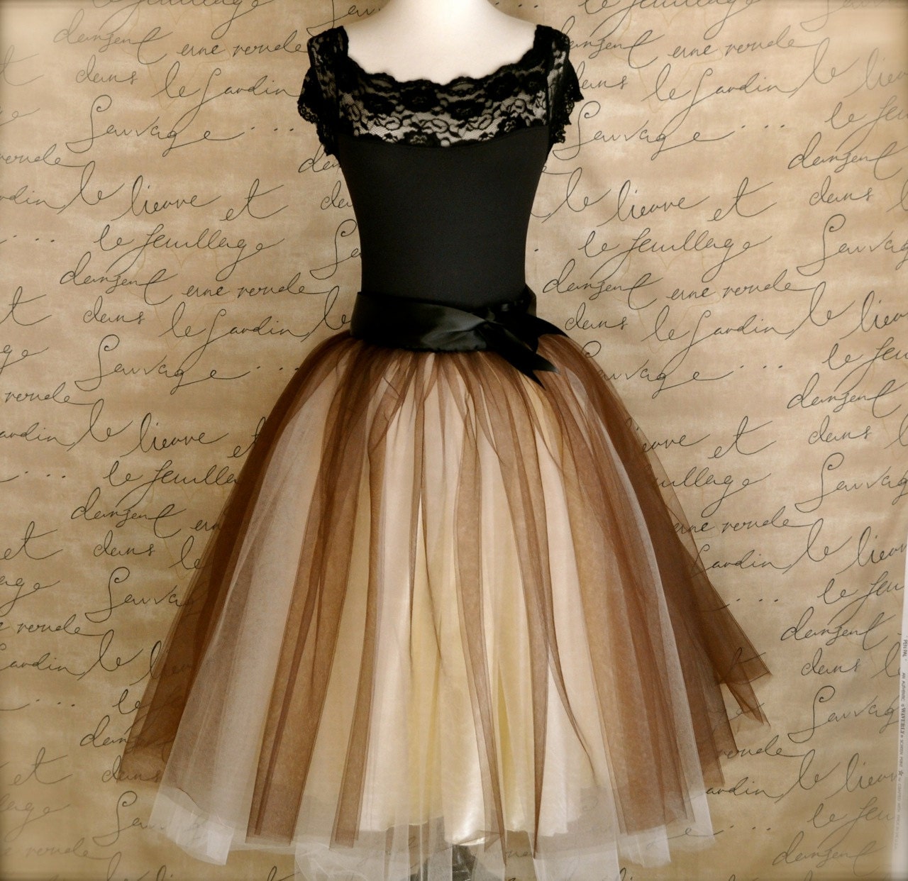Brown and cream tutu for women. One of our popular tulle skirts, now with wide black ribbon waist.
