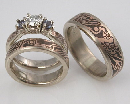 18k Rose Gold and Shakudo Mokume Gane Three Ring Wedding Set