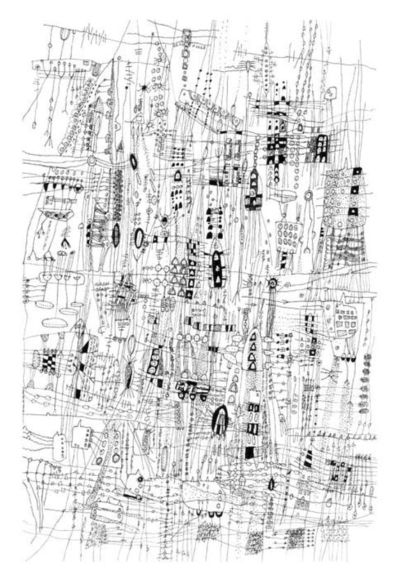 City Life - City Drawing line drawing Archival print of original drawing giclee landscape art  city art  black and white art 12 x 18 inches