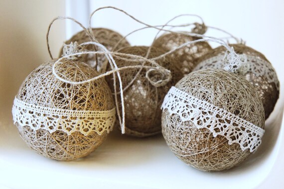Natural linen Christmas ornaments set of 6