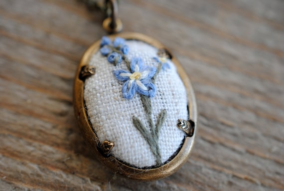 Forget Me Not Necklace, linen embroidered pendant ivory with blue