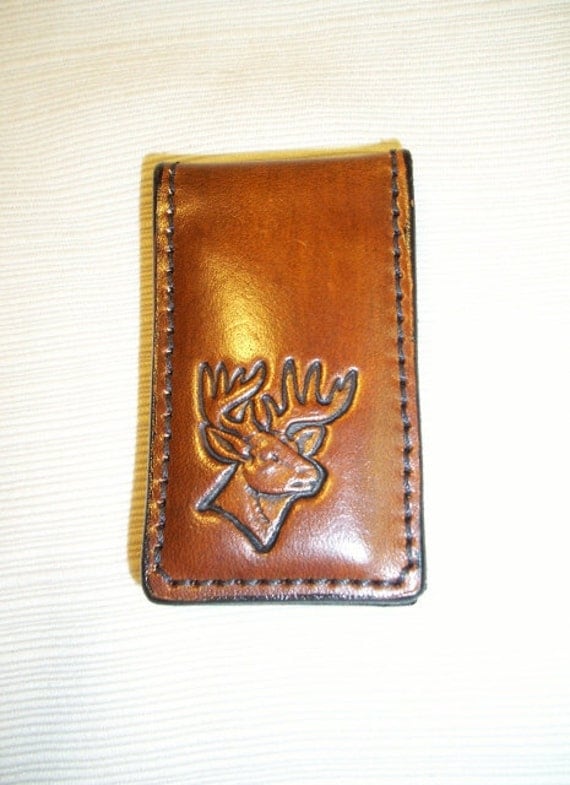 Leather Money Clip with anitque tan Deer