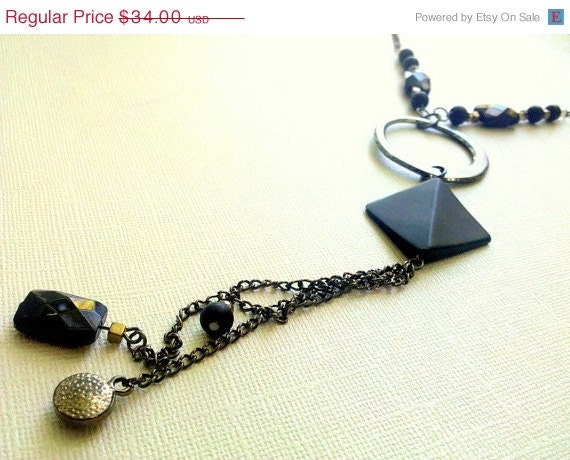 ON SALE Geometric Circle Gunmetal Mixed Bead Long Necklace