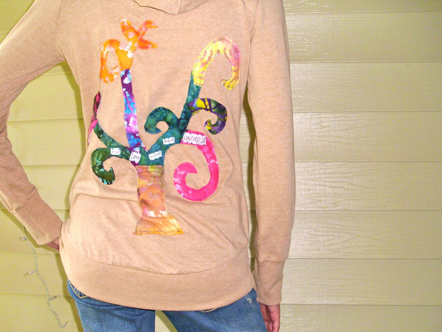 Tree of LIfe Collage Applique Organic Cotton Hoodie - Size Small