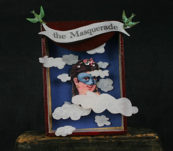 Head in the Clouds:  "The Masquerade" Floating Art Shrine, Wall Hanging, Collage