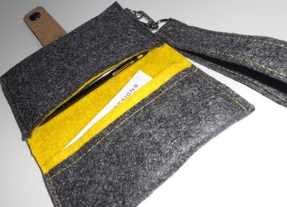 Cell phone Case Wallet in dark gray and yellow eco wool and brown vegan leather with Wrist Strap