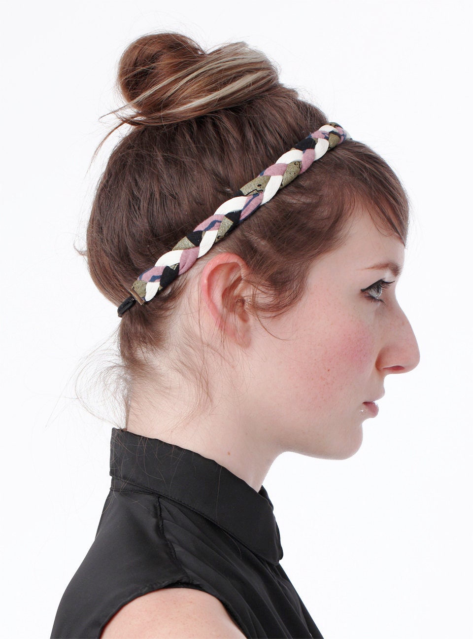 Braided Headband in Pink, Black, Gold and White