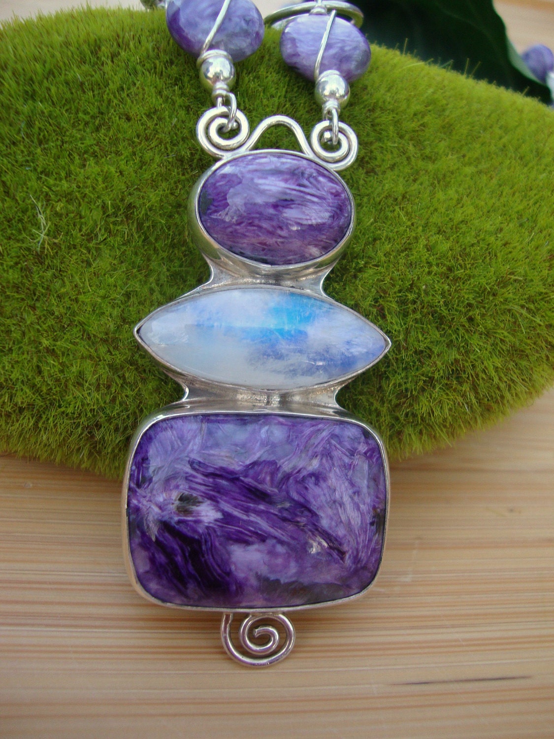 Charoite And Rainbow Moonstone Pendant Necklace Preview 2
