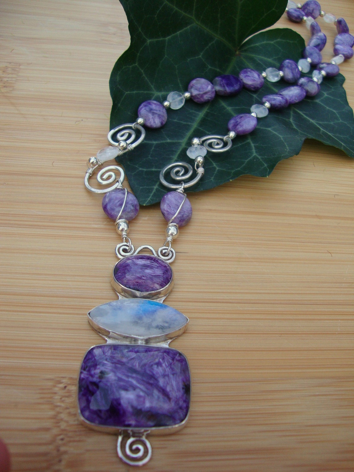 Charoite And Rainbow Moonstone Pendant Necklace Preview 5