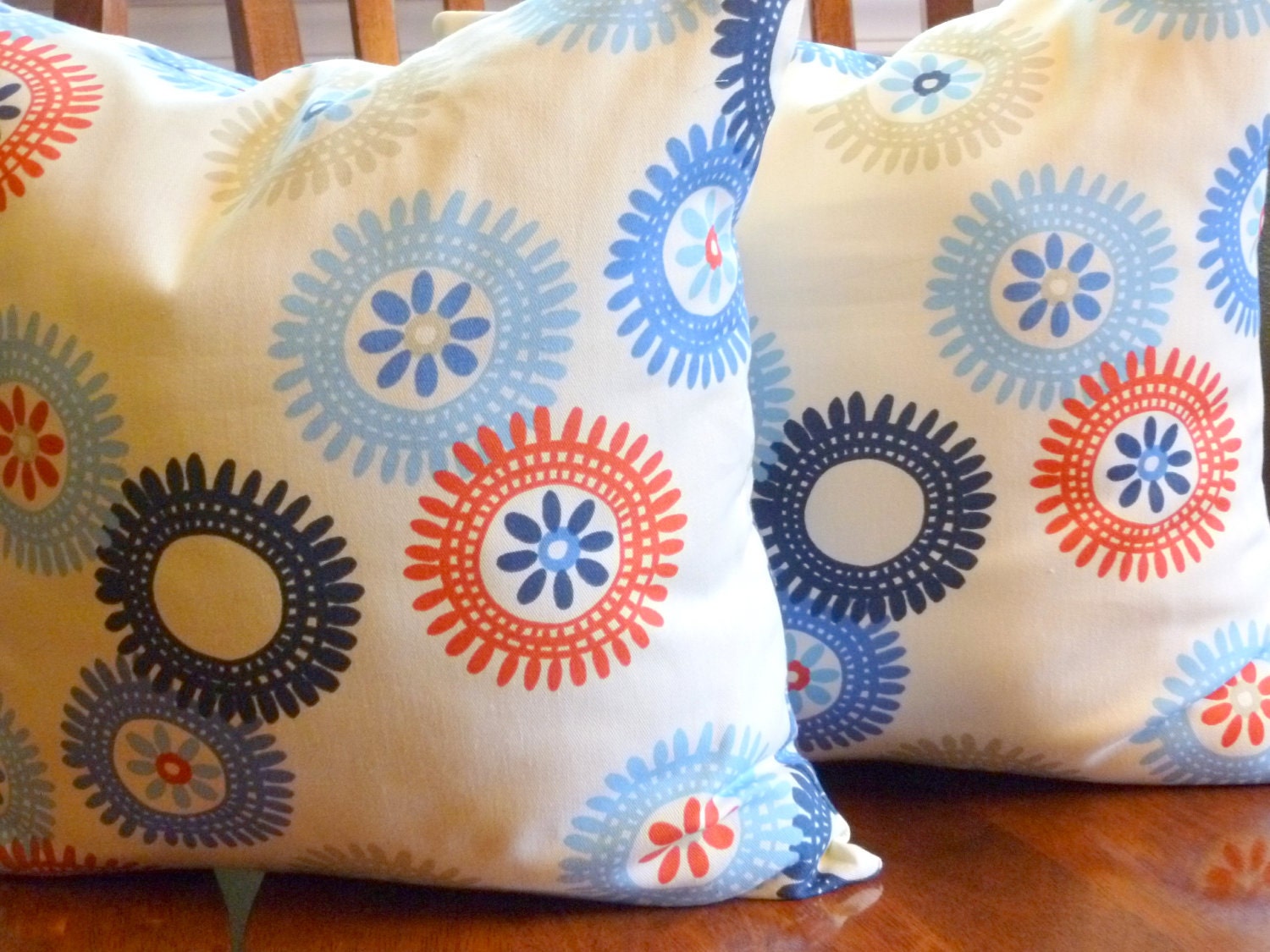 Accent Throw Pillow Covers - Two 18 Inch - Red, Off White and Blue