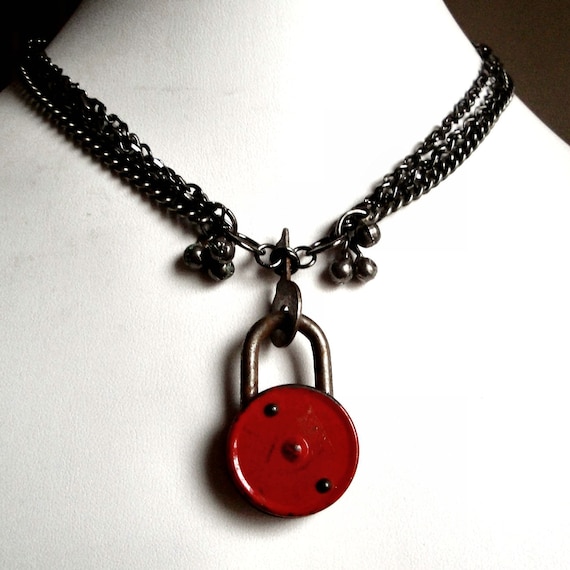 Vintage Lock Necklace - Bright Red Padlock with Silver Key and Tiny Bells on a Triple Chain