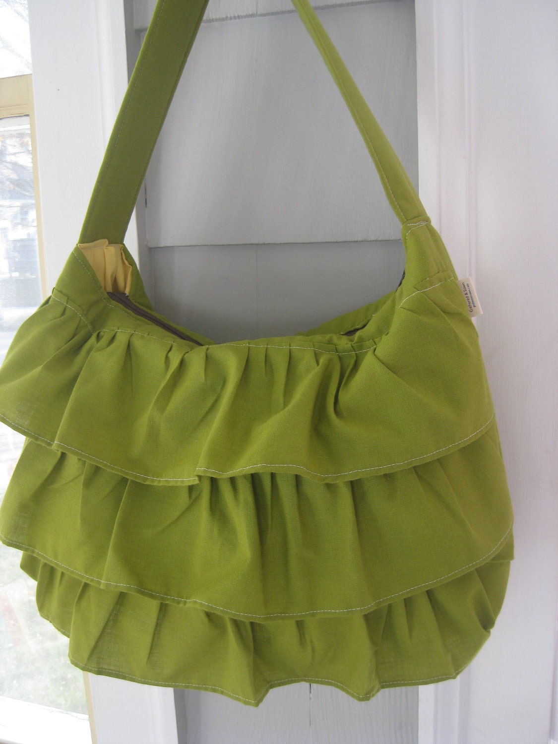 Avocado Green Ruffle Purse Large with Shoulder Strap in Rich Vintage Cotton