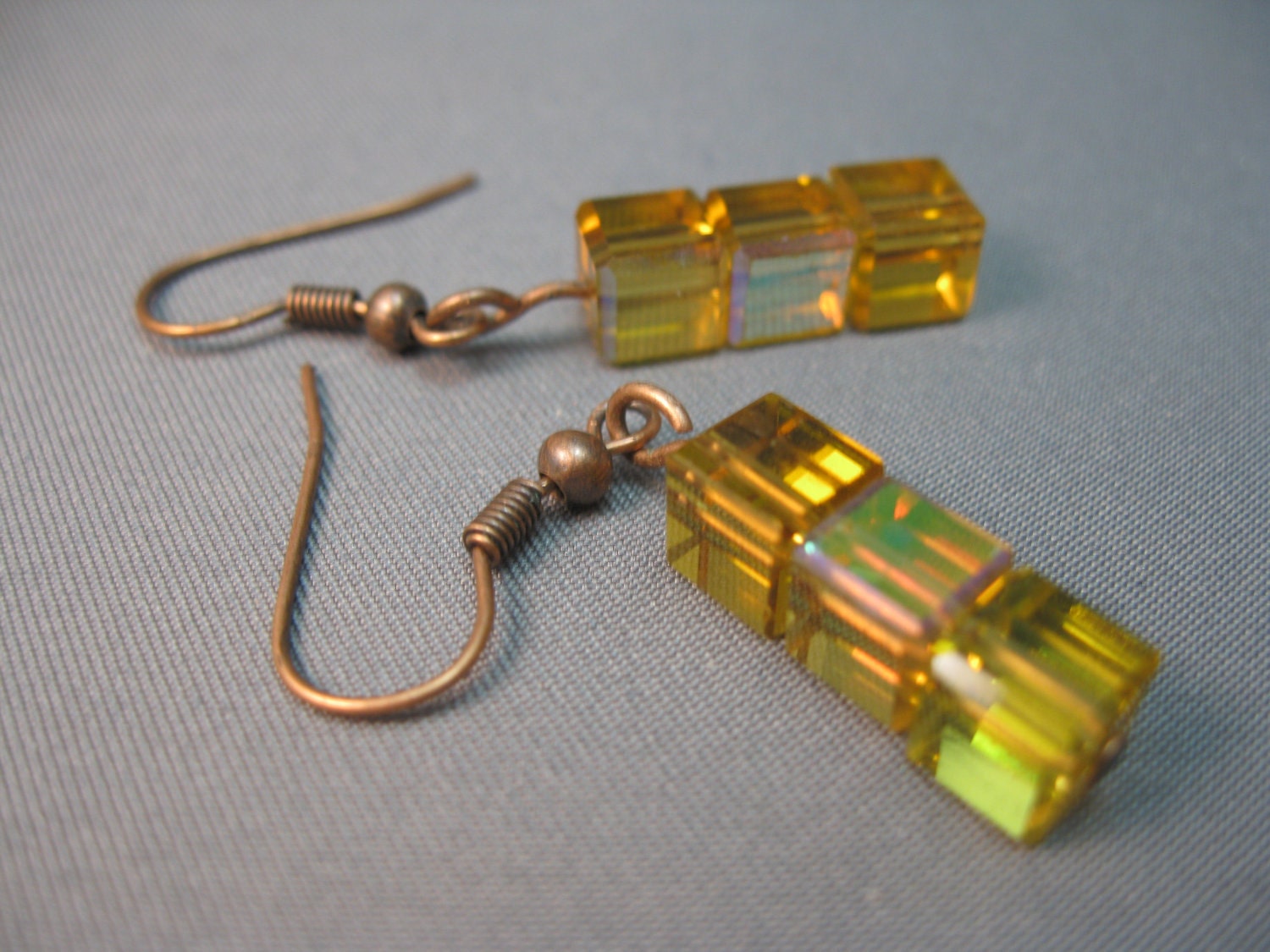 Beautiful Copper and Golden Yellow AB Crystal Cube Dangle Earrings