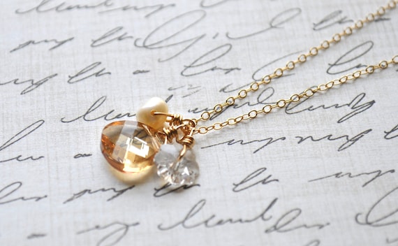 Bouquet Crystal Necklace - golden shadow swarovski crystal pearl gold filled cluster - simple wedding or everyday jewelry