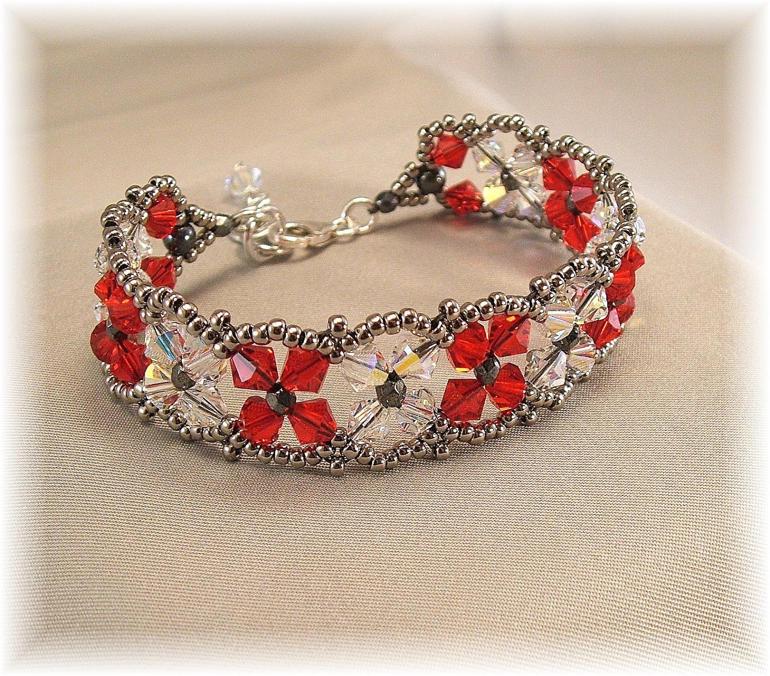Light Siam Red and Crystal AB Bridesmaid Bracelet by Handwired from etsy.com
