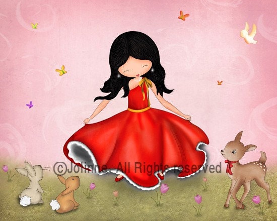 children art print, kids room decor, girls nursery wall art, dancing, bunny, rabbit, deer, nature art, forest animals