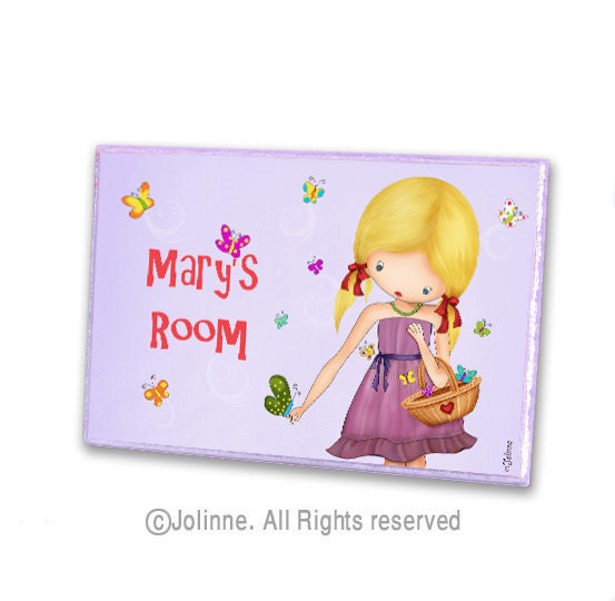 Personalized girls door sign room decor , butterflies illustration kids door hanger wall decor, nursery art child decor