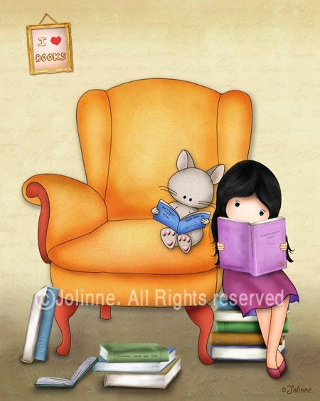 Children art prints, Kids room wall art , nursery decor, cute drawing print girl and cat reading books in a library (V2)