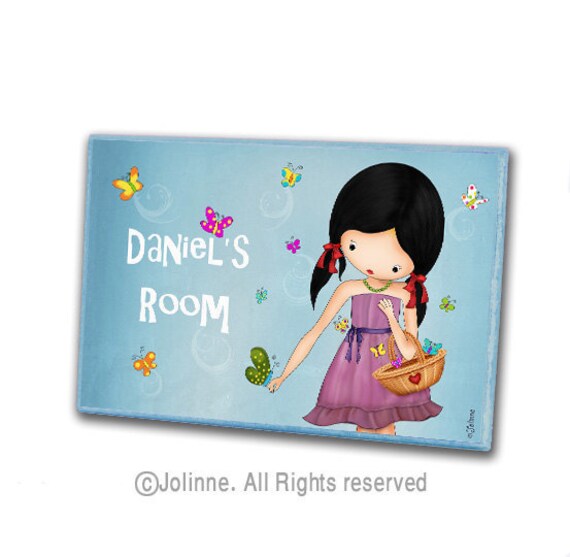 Personalized door plaque hanger for children , custom sign girl with butterflies , girls room or nursery original illustration