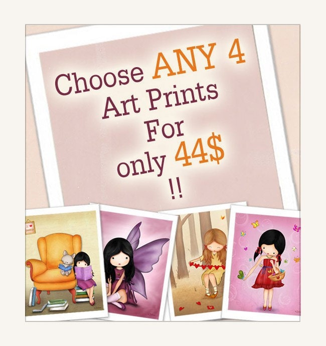 Children Art Prints, nursery wall art , kids room decor - for a special price - Choose ANY 4 art prints girls or boys