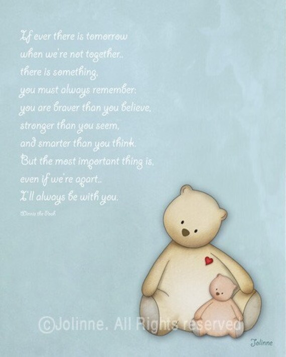 Teddy bears sentimental quote nursery wall art for boys light blue winnie the pooh saying, children decor