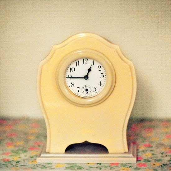 retro modern photograph - Tickety Tock 8x8 Print - butter yellow vintage clock quirky minimal photography