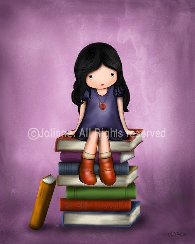 Children art prints, kids wall art, reading room decoration , Library wall art, girl, books, purple room wall art