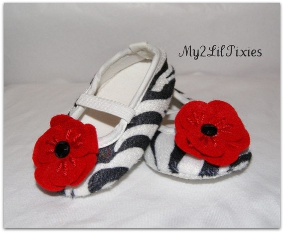 Infant Baby Zebra Print Baby Shoes size 3-6 or 6-9 months-crib  Shoe with Red Flowers and Black Rhinestone Centers- Photo Prop