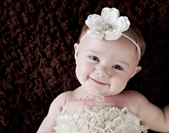 Baby Girl White Flower Headband with Rhinestones..Baby White Flower Headband..Baptism / Christening / Dedication Silk Flower Headband