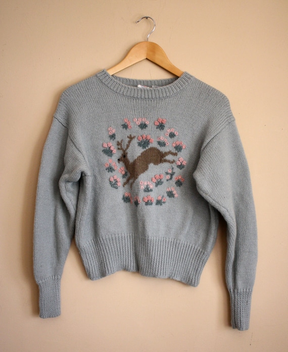 Vintage DARLING  1970s DEER HandKnit  Pullover Sweater, Soft Pale Blue With Pink Details