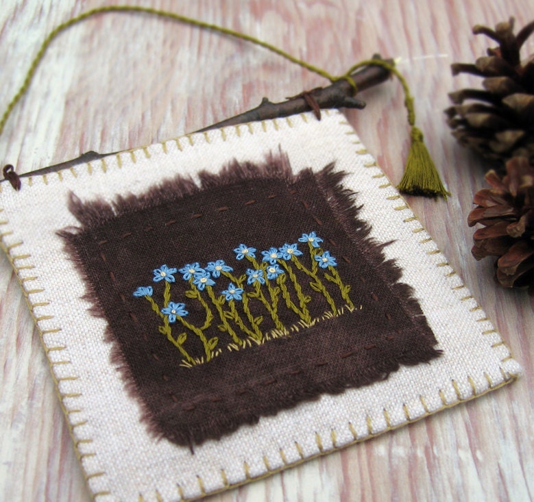 Rustic Hand Embroidered Forget Me Not Wall Art