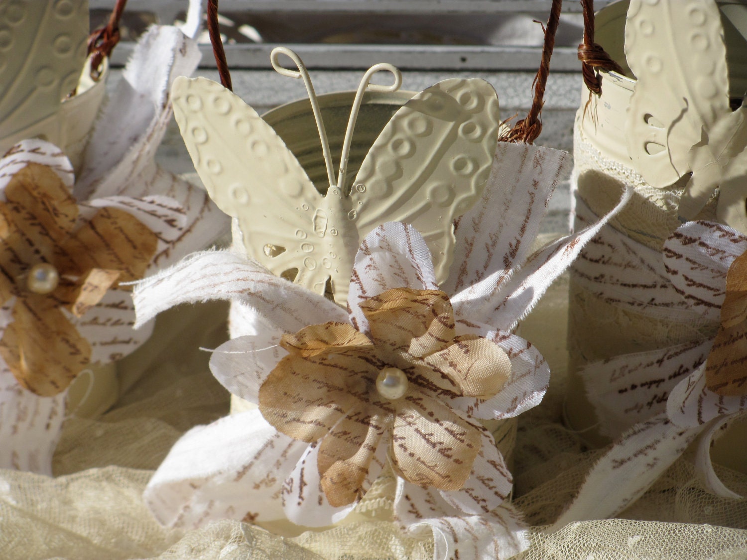 Shabby Chic Tin Cans With Butterflies  Perfect for Wedding Decoration  Set of 4  by My Broken Art on Etsy