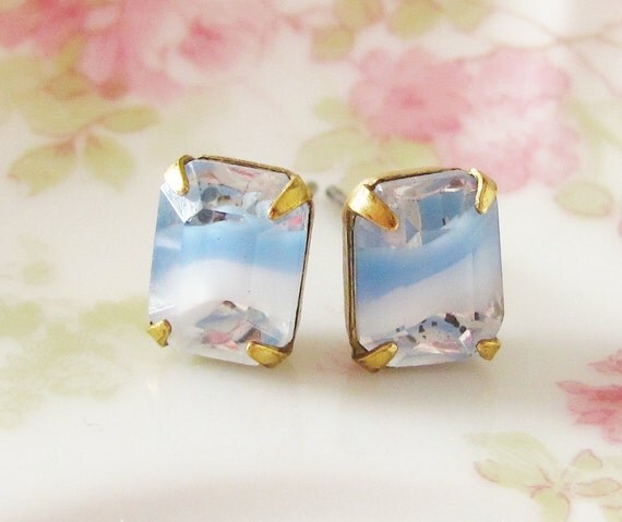 Vintage Petite Light Blue Givre Glass Rhinestone Faceted Post Earrings