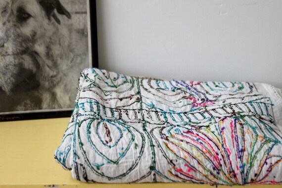 rare, hand woven huge vibrant peacock textile, tapestry