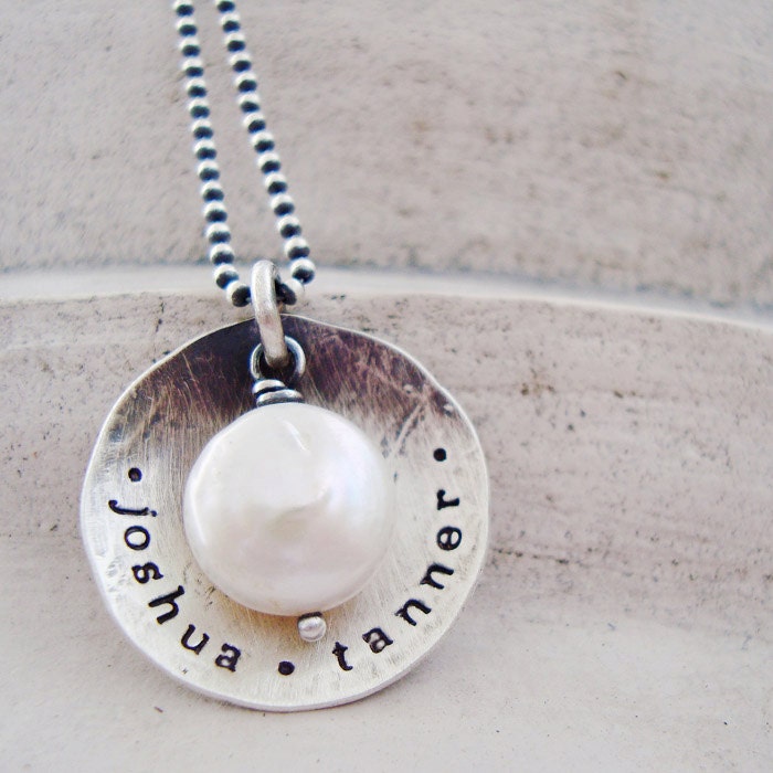 Rustic Hand stamped Personalized sterling silver handwritten freshwater pearl Mothers Necklace