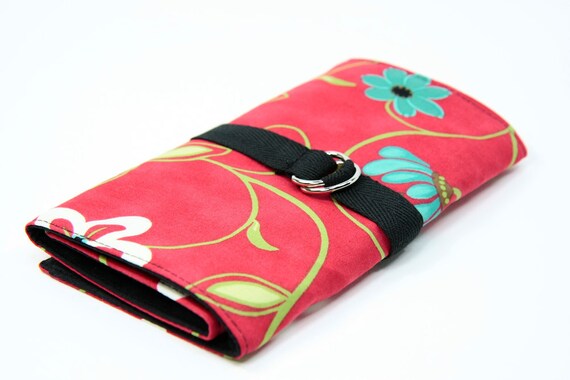 SHORT dpn or circular Knitting Needle Organizer Case - Artful in Red - 24 black pockets