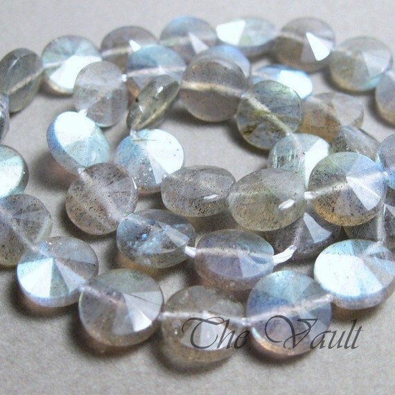 4 Labradorite 8.5mm coins, etched and polished alternating pie slice faceted