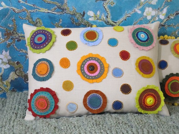 Handmade Folk Art Penny Rug Polka Dot Pillow -- shabby chic, throw pillow, decorative pillow, cushion, embroidery, circles