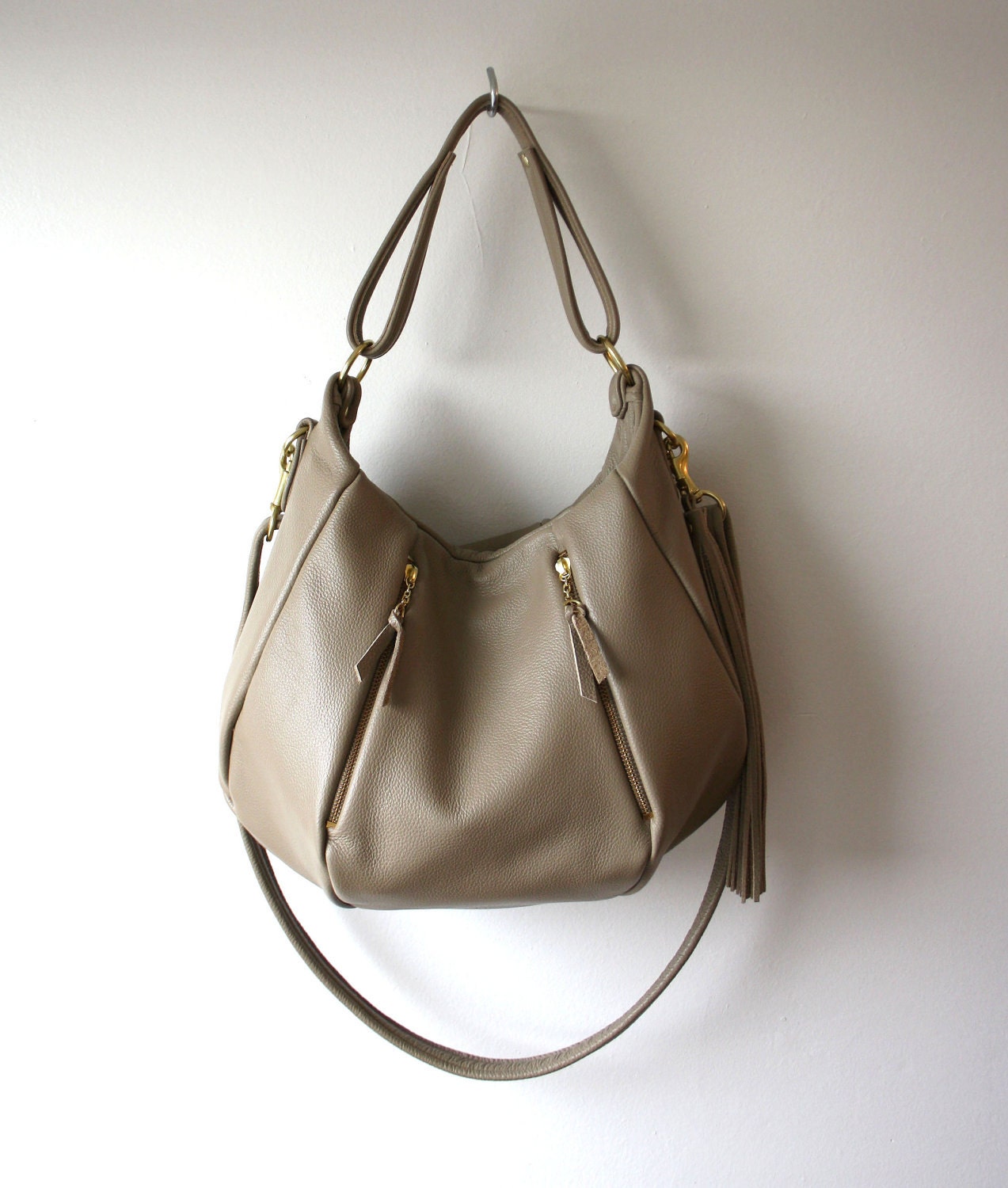 Leather Bag Purse - OPELLE Ballet Bag - Large Size in Mink Pebbled Leather New