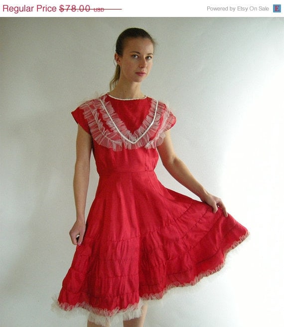 Holiday Sale Red Vintage 40s 50s Party Dress Tulle by empressjade from etsy.com